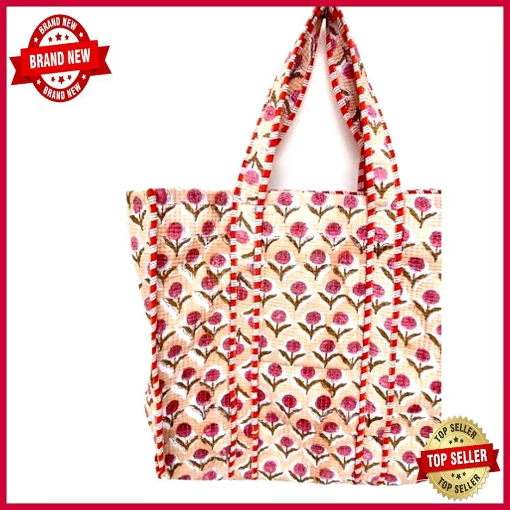 Large Reversible Quilted Cotton Tote Bag Hand Block Print Floral